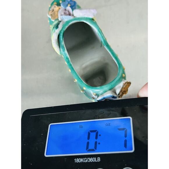 Vintage Hand Painted Shoe High Heel Polka Dots 3D Flowers Leaf Green 4" Japan - Picture 11 of 11